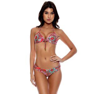 LULI FAMA Azulejos Del Mar Molded Push Up Bikini Top Ruched Bottoms Swimsuit S M